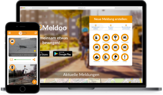 Bildschirm mit MeldooPLUS und App mit Meldoo