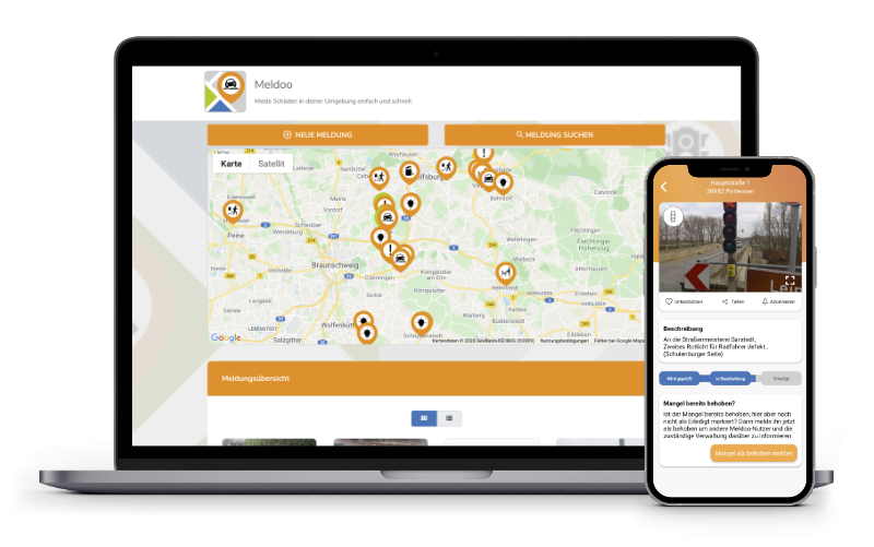 Laptop und Handy mit Screenshot des Meldoo Mängelmelder