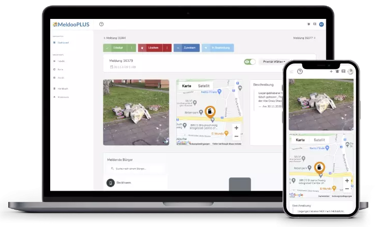 Laptop und Handy mit MeldooPLUS System Screenshot der Meldungsdetailansicht
