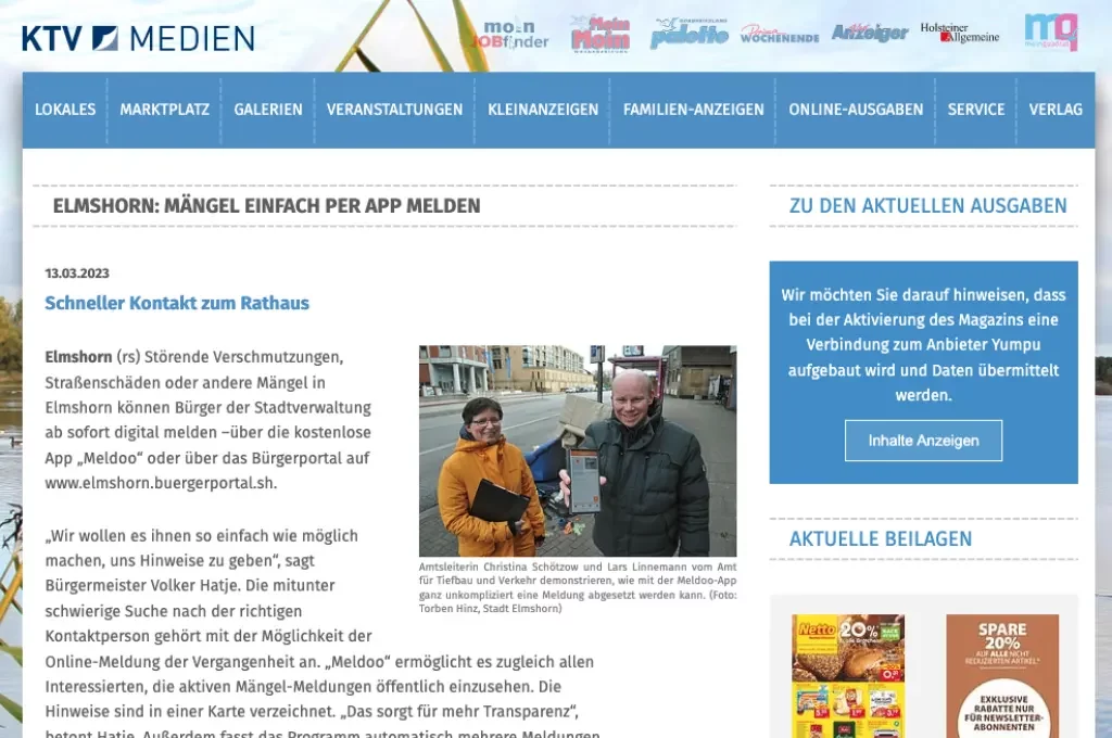 Screenshot zu der Einführung von Meldoo in der Stadt Elmshorn aus den KTV Medien